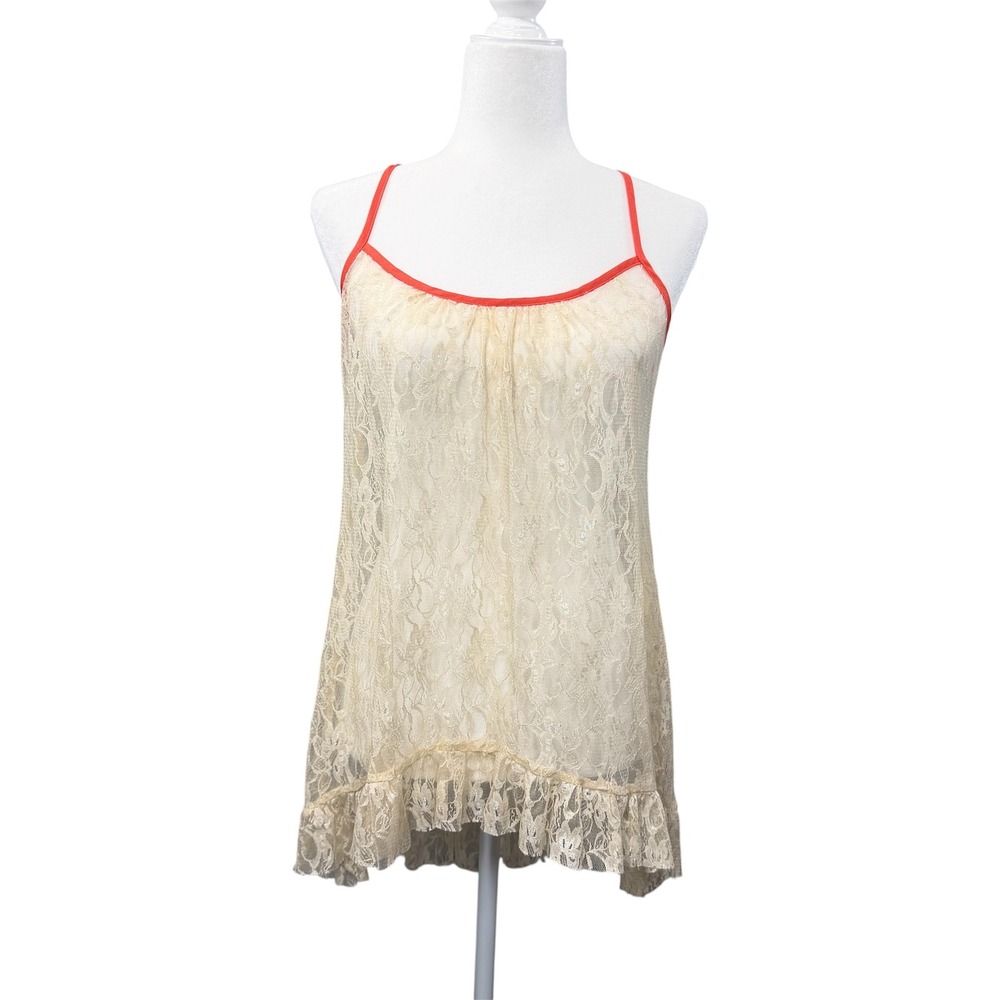 Daytrip Lace Tank Top Womens Small Ivory Orange Trim High Low Ruffle Y2K Boho‎